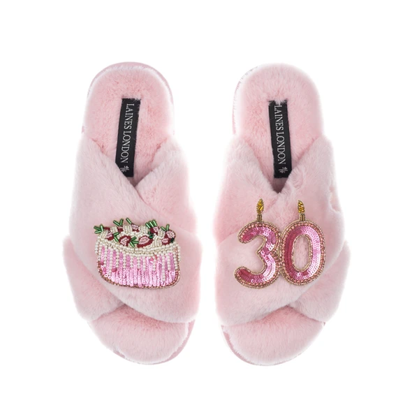 Laines London Classic Laines Slippers With 30th Birthday & Cake Brooches
