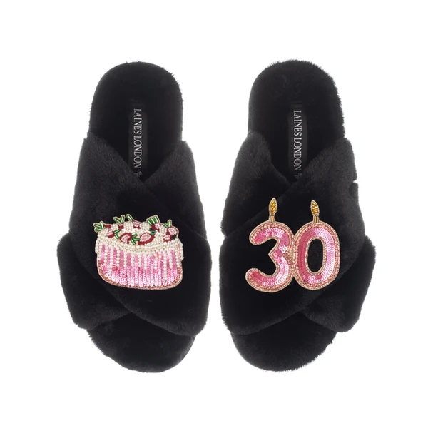 Laines London Classic Laines Slippers With 30th Birthday & Cake Brooches