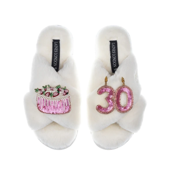 Laines London Classic Laines Slippers With 30th Birthday & Cake Brooches