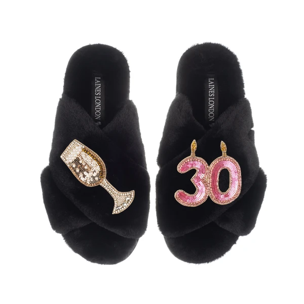 Laines London Classic Laines Slippers With 30th Birthday & Champagne Glass Brooches