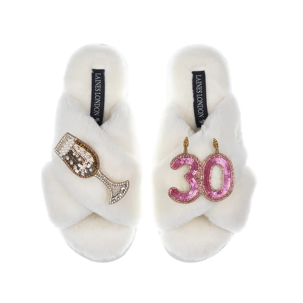 Laines London Classic Laines Slippers With 30th Birthday & Champagne Glass Brooches