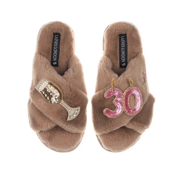 laines london Classic Laines Slippers With 30th Birthday & Champagne Glass Brooches