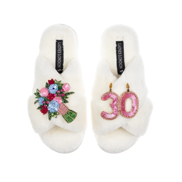 Laines London Classic Laines Slippers With 30th Birthday & Flowers Brooches