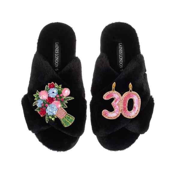 laines london Classic Laines Slippers With 30th Birthday & Flowers Brooches