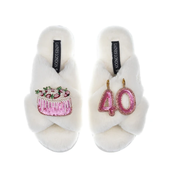 Laines London Classic Laines Slippers With 40th Birthday & Cake Brooches