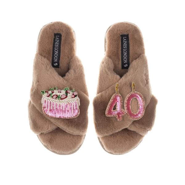 laines london Classic Laines Slippers With 40th Birthday & Cake Brooches