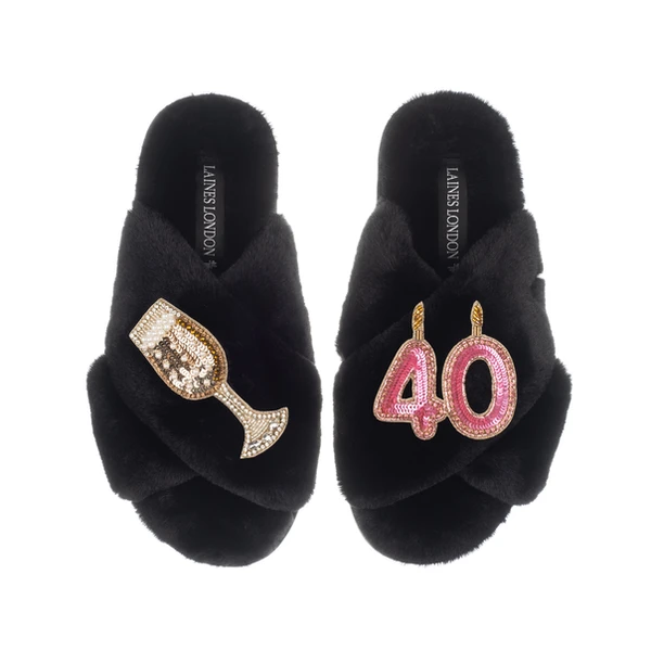Laines London Classic Laines Slippers With 40th Birthday & Champagne Glass Brooches