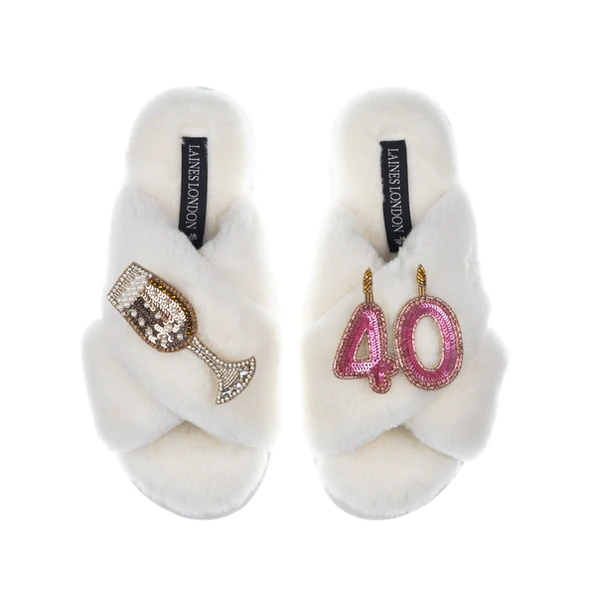 Laines London Classic Laines Slippers With 40th Birthday & Champagne Glass Brooches