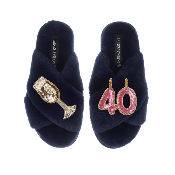 laines london Classic Laines Slippers With 40th Birthday & Champagne Glass Brooches