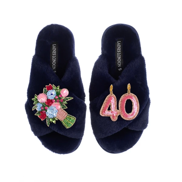 Laines London Classic Laines Slippers With 40th Birthday & Flowers Brooches