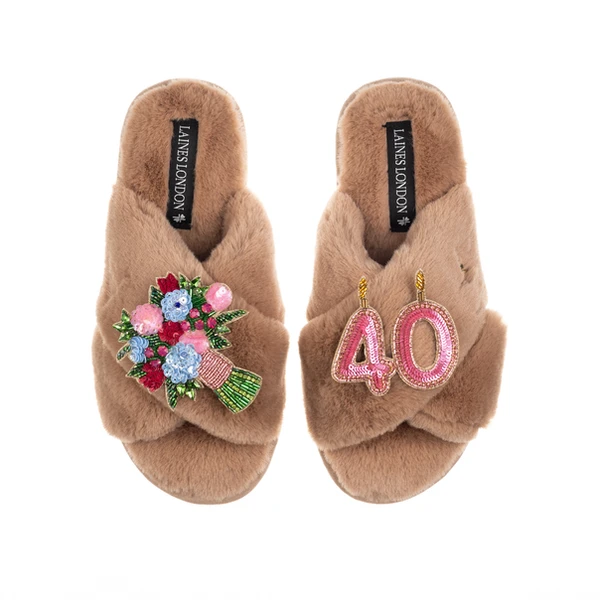 Laines London Classic Laines Slippers With 40th Birthday & Flowers Brooches