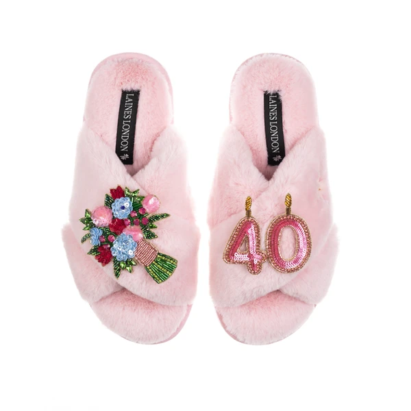 laines london Classic Laines Slippers With 40th Birthday & Flowers Brooches