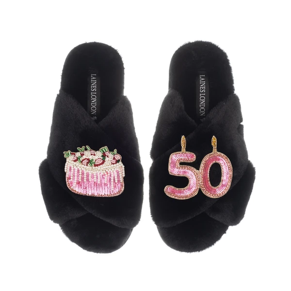 Laines London Classic Laines Slippers With 50th Birthday & Cake Brooches