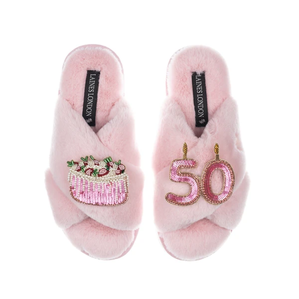 Laines London Classic Laines Slippers With 50th Birthday & Cake Brooches