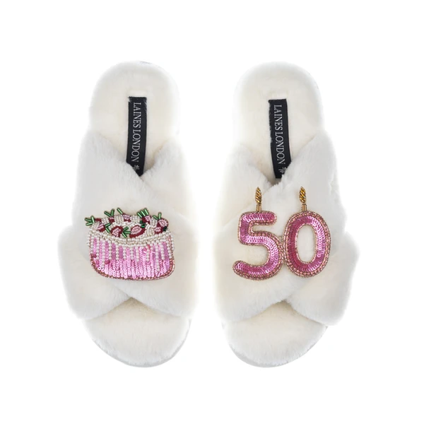 Laines London Classic Laines Slippers With 50th Birthday & Cake Brooches