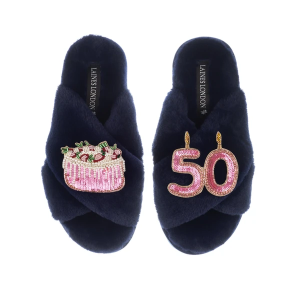 laines london Classic Laines Slippers With 50th Birthday & Cake Brooches