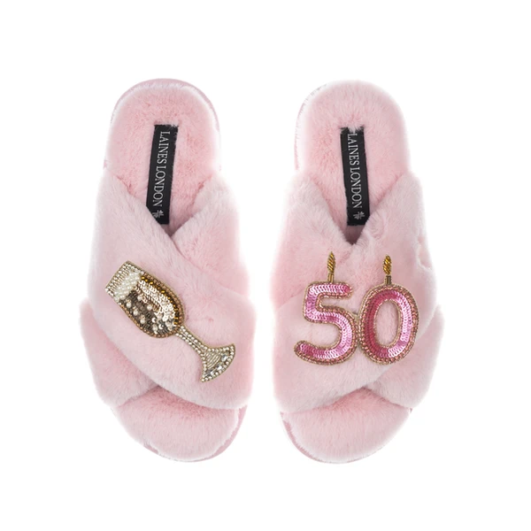 Laines London Classic Laines Slippers With 50th Birthday & Champagne Glass Brooches
