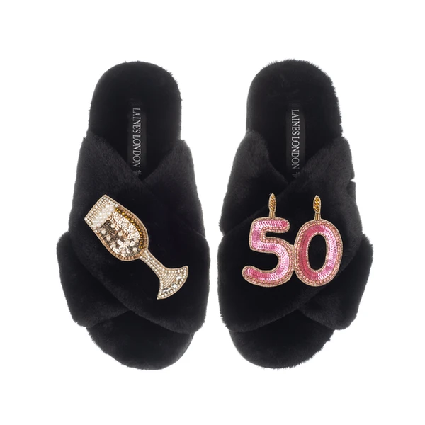 Laines London Classic Laines Slippers With 50th Birthday & Champagne Glass Brooches