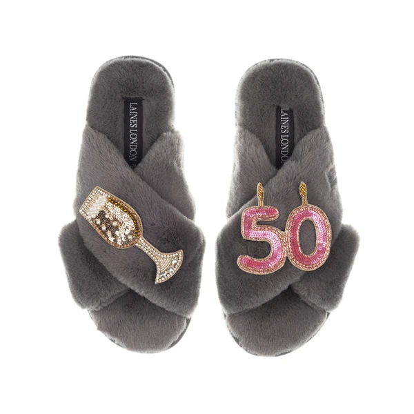 Laines London Classic Laines Slippers With 50th Birthday & Champagne Glass Brooches