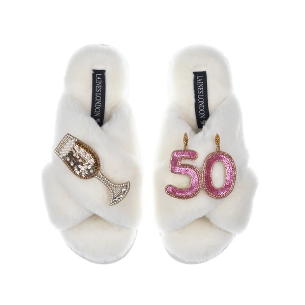 laines london Classic Laines Slippers With 50th Birthday & Champagne Glass Brooches