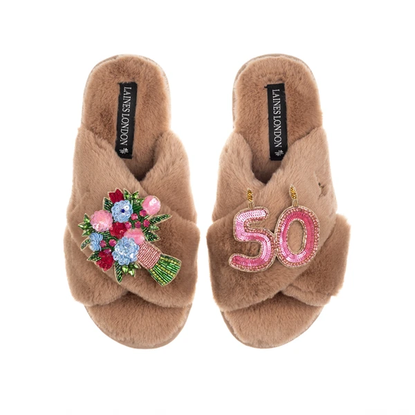 Laines London Classic Laines Slippers With 50th Birthday & Flowers Brooches