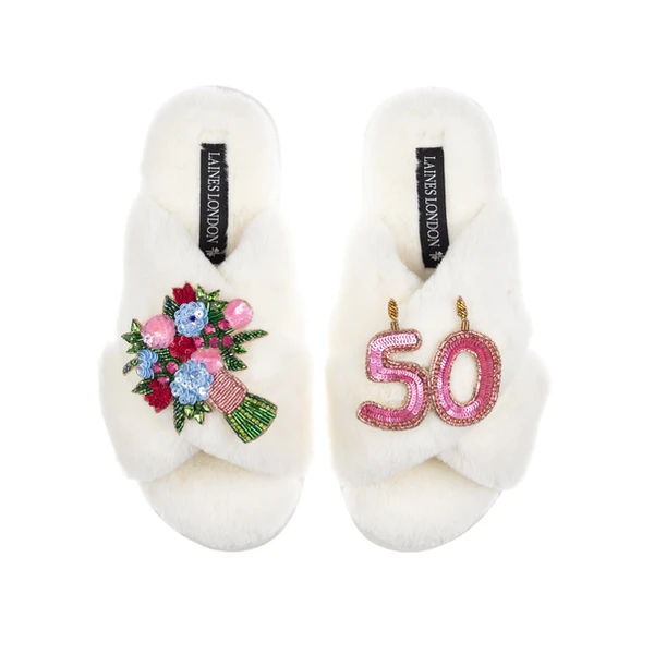 Laines London Classic Laines Slippers With 50th Birthday & Flowers Brooches