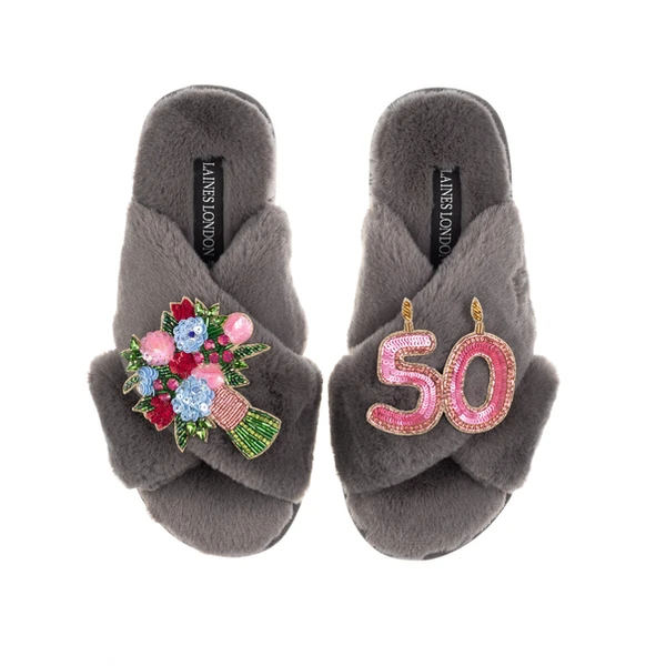 laines london Classic Laines Slippers With 50th Birthday & Flowers Brooches