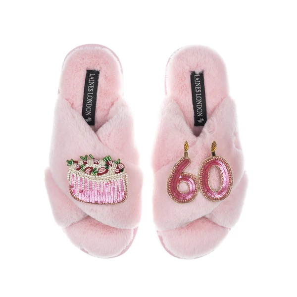Laines London Classic Laines Slippers With 60th Birthday & Cake Brooches