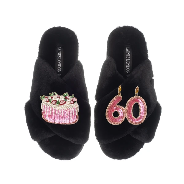 Laines London Classic Laines Slippers With 60th Birthday & Cake Brooches