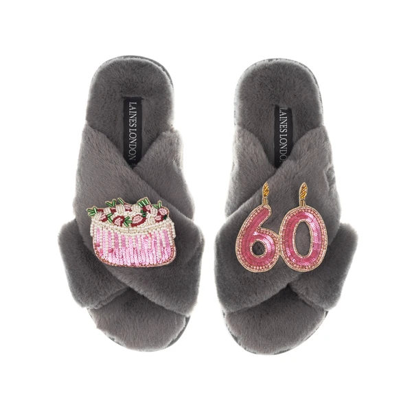 Laines London Classic Laines Slippers With 60th Birthday & Cake Brooches
