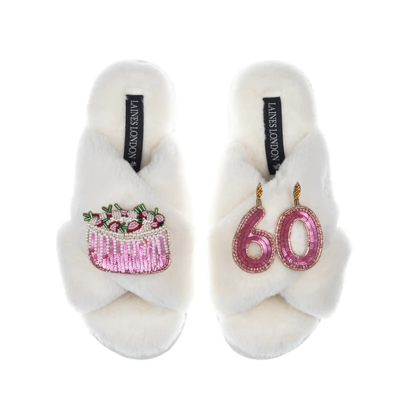 laines london Classic Laines Slippers With 60th Birthday & Cake Brooches