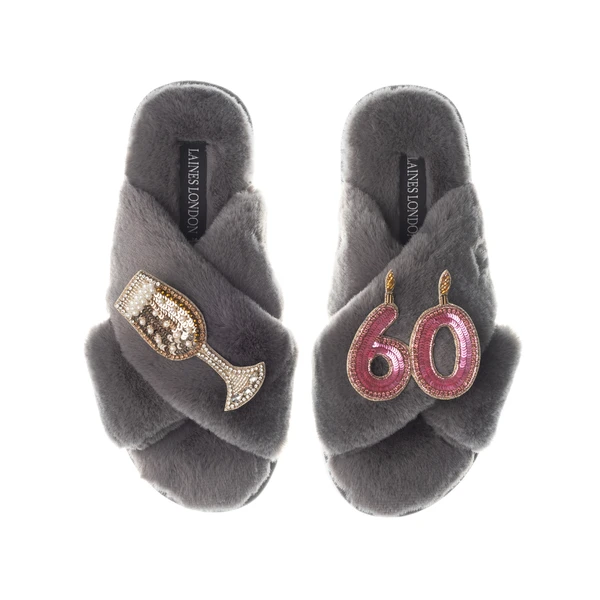 Laines London Classic Laines Slippers With 60th Birthday & Champagne Glass Brooches