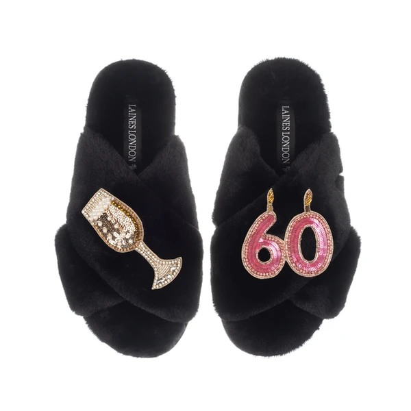 laines london Classic Laines Slippers With 60th Birthday & Champagne Glass Brooches