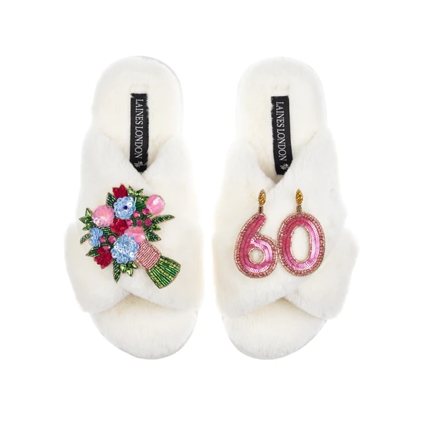 Laines London Classic Laines Slippers With 60th Birthday & Flowers Brooches
