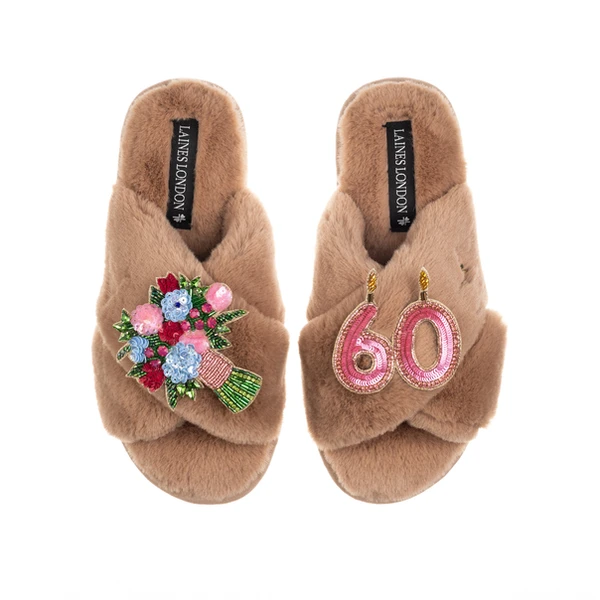 laines london Classic Laines Slippers With 60th Birthday & Flowers Brooches