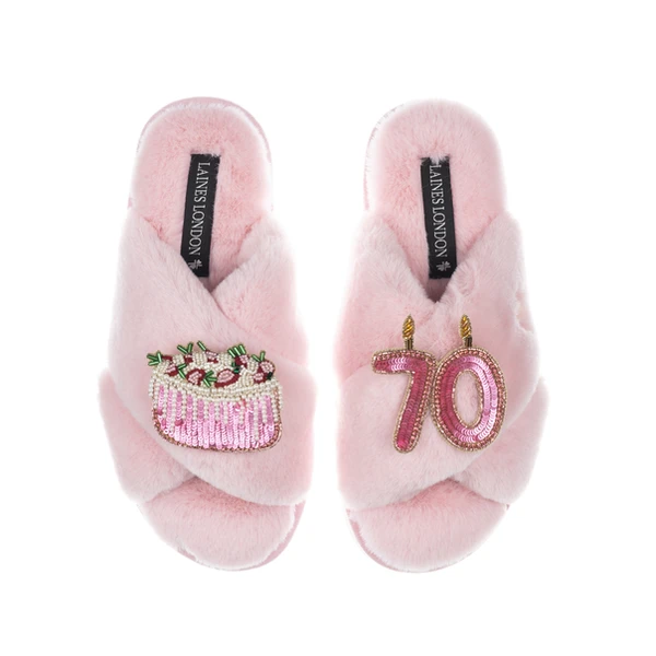 Laines London Classic Laines Slippers With 70th Birthday & Cake Brooches