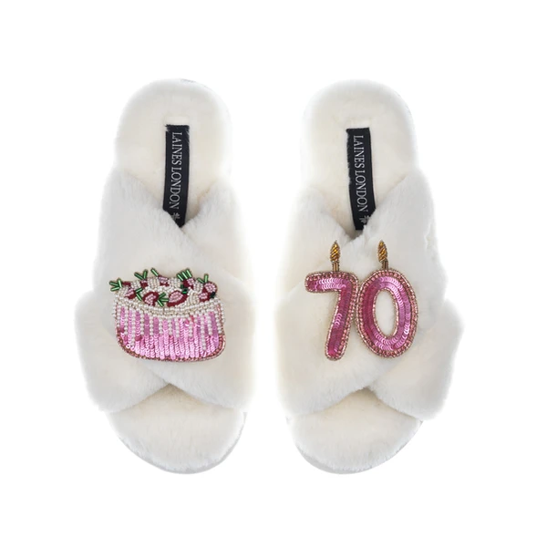 Laines London Classic Laines Slippers With 70th Birthday & Cake Brooches