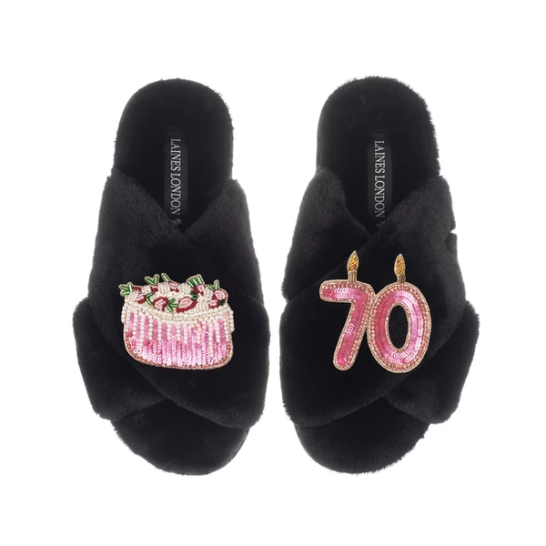 laines london Classic Laines Slippers With 70th Birthday & Cake Brooches