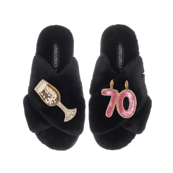 Laines London Classic Laines Slippers With 70th Birthday & Champagne Glass Brooches