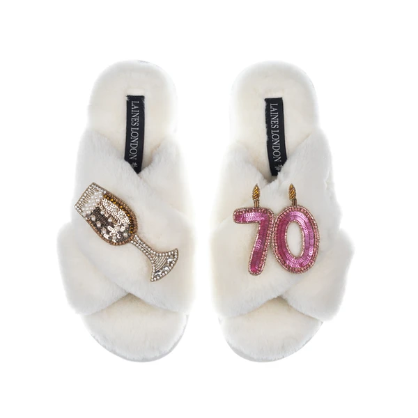 Laines London Classic Laines Slippers With 70th Birthday & Champagne Glass Brooches