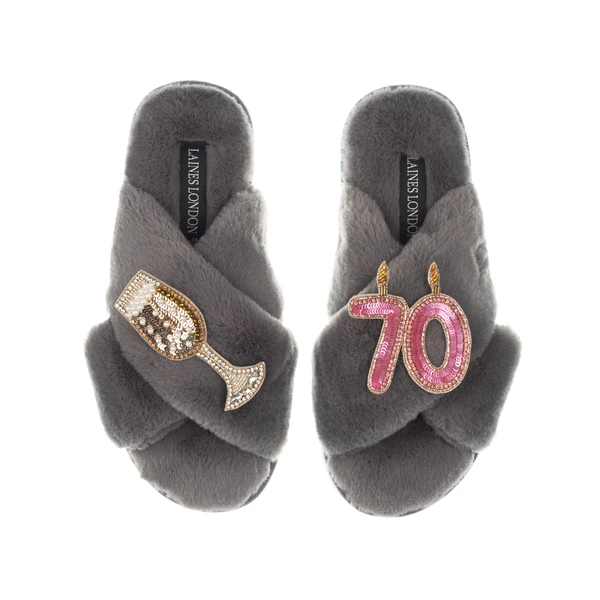 Laines London Classic Laines Slippers With 70th Birthday & Champagne Glass Brooches