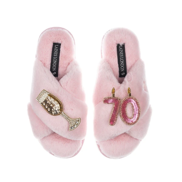 laines london Classic Laines Slippers With 70th Birthday & Champagne Glass Brooches