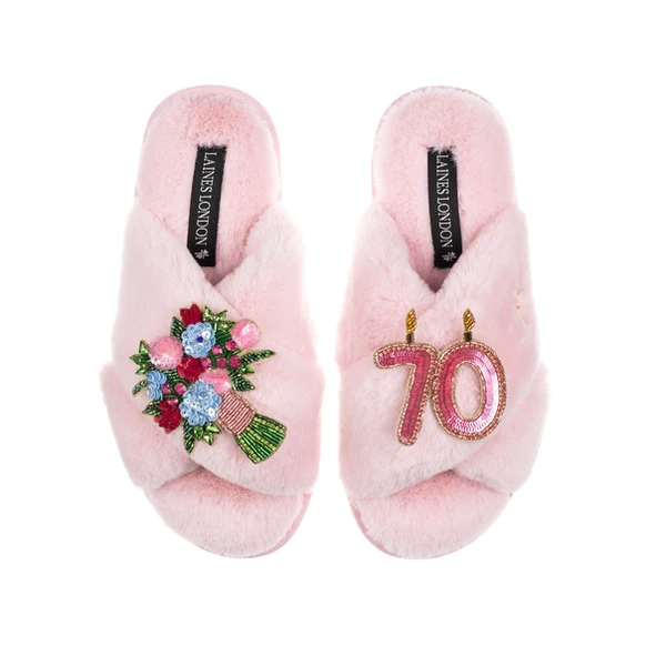 Laines London Classic Laines Slippers With 70th Birthday & Flowers Brooches