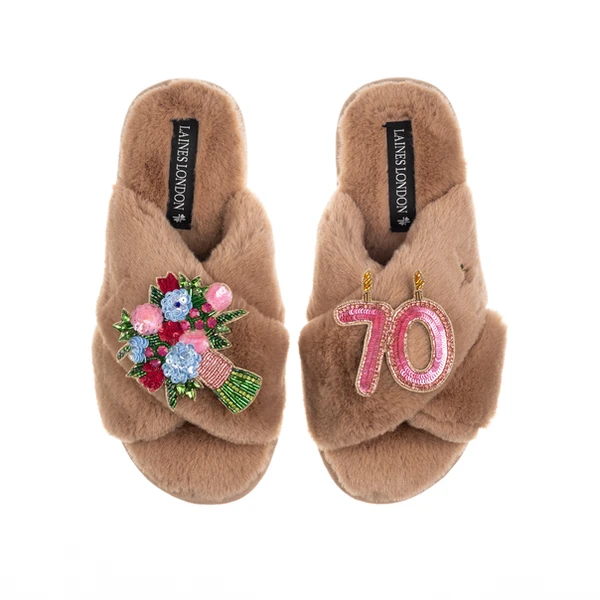 Laines London Classic Laines Slippers With 70th Birthday & Flowers Brooches