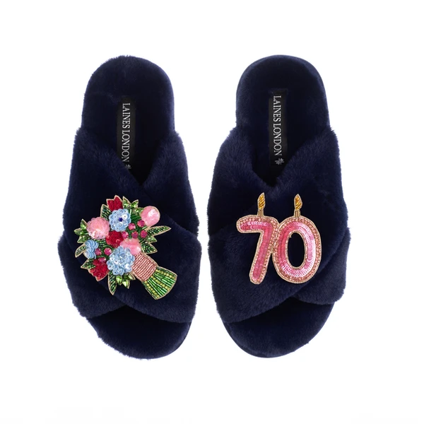 laines london Classic Laines Slippers With 70th Birthday & Flowers Brooches
