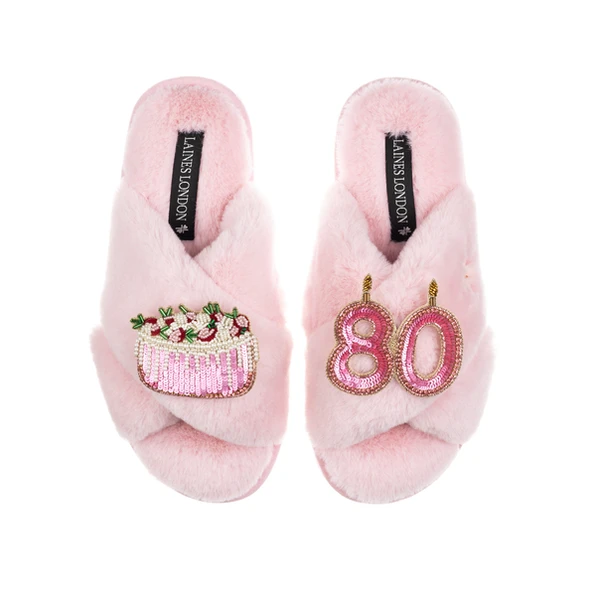 Laines London Classic Laines Slippers With 80th Birthday & Cake Brooches