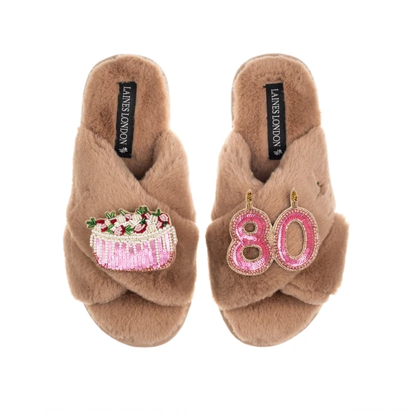 Laines London Classic Laines Slippers With 80th Birthday & Cake Brooches