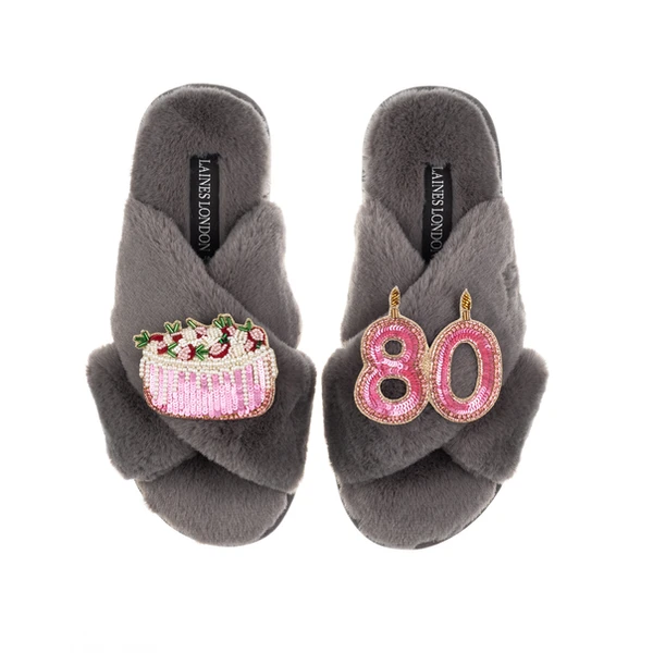 Laines London Classic Laines Slippers With 80th Birthday & Cake Brooches