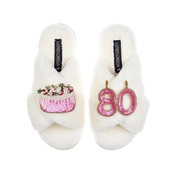 laines london Classic Laines Slippers With 80th Birthday & Cake Brooches