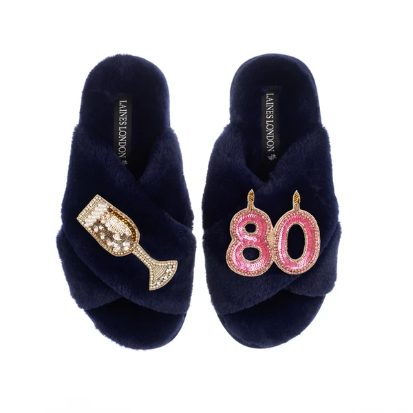 Laines London Classic Laines Slippers With 80th Birthday & Champagne Glass Brooches
